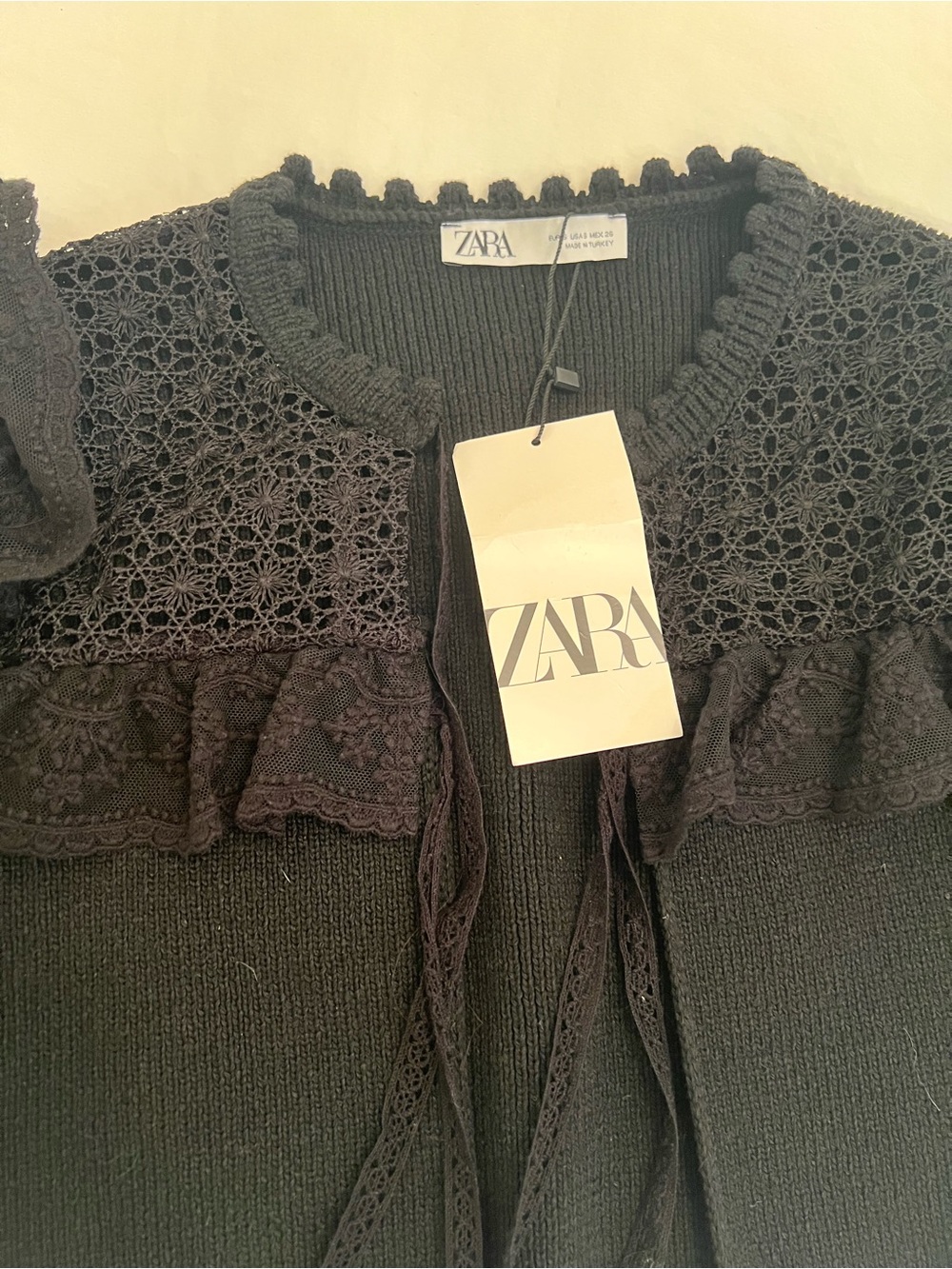 Zara Black Crocheted Ruffle Tie-Front Jacket